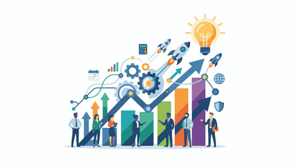 Fototapeta premium Business growth and innovation depicted with charts rockets and people