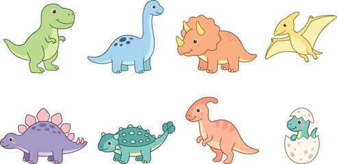 Cute Dinosaur Cartoon Vector Set with T-Rex, Triceratops, Stegosaurus, Pterodactyl, and Baby Hatchlings © Bokul