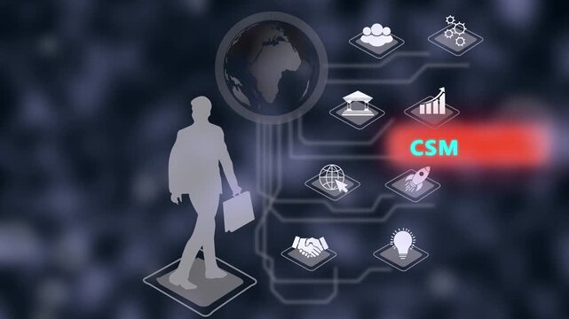Customer success management csm digital concept featuring a businessman silhouette walking through a futuristic network of interactive business and global data analytics technology