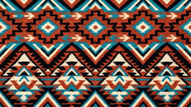 Colorful Ethnic Geometric Pattern with Vibrant Turquoise and Rust Red Tribal Motifs for Seamless Textile Design and Decorative Background