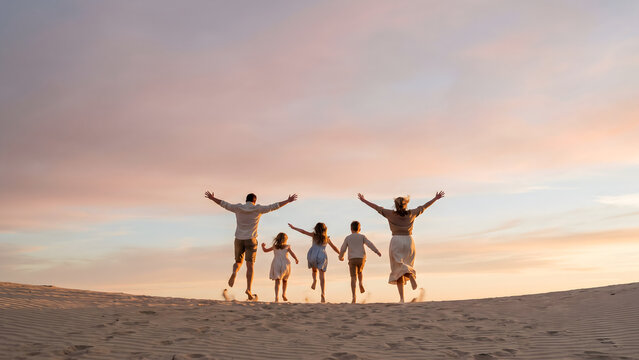 Happy family jumping on the beach at sunset with arms raised