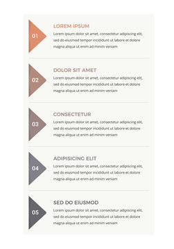 Infographic template with five numbered arrow shaped element stacked vertically alongside text blocks