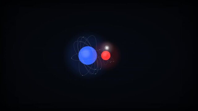 Ionic Bond Atom: Abstract 3D animation of glowing atomic particles and orbiting electrons interacting in a dark cosmos