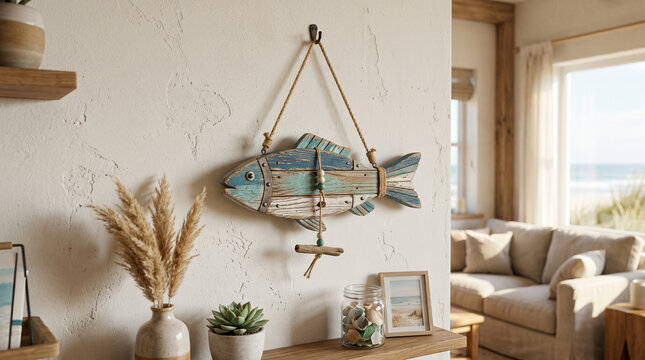 Coastal decorative fish wall art hanging in modern living room  