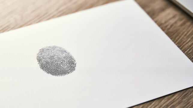 Close-up of a fingerprint on a white sheet of paper resting on a wooden surface