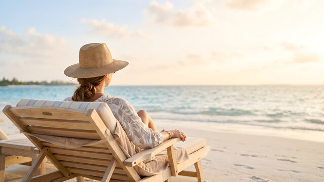 Woman Relaxing on a Wooden Beach Chair While Admiring the Tropical Sunset Over the Calm Ocean