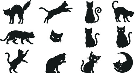 Black cat silhouette vector collection featuring sitting, jumping, stalking, grooming, sleeping, playful, and spooky feline poses isolated on white background © Bokul