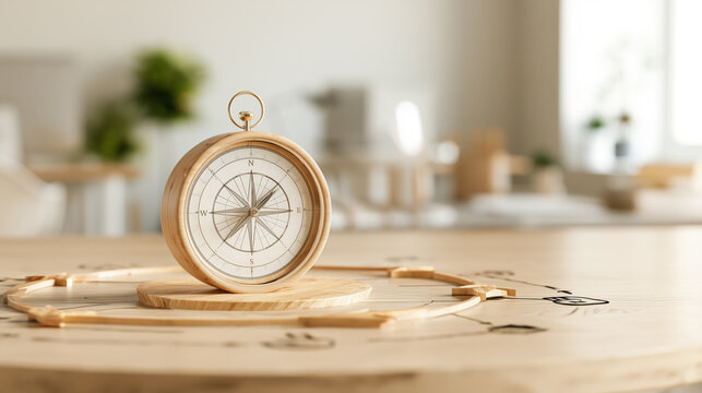 Wooden Compass with Nautical Rope on Light Wooden Table in Bright Room