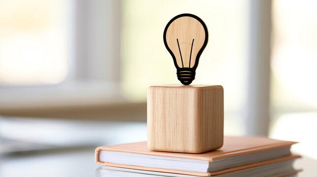 Creative lightbulb sculpture on wooden blocks symbolizing ideas and innovation in workspace
