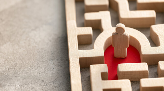Wooden Maze Puzzle with Red Pathway and Figure for Strategic Thinking