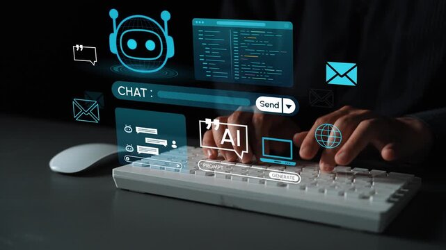 Hands typing on a keyboard with digital icons and communication elements representing AI chatbot interaction and modern technology advancements in communication. Entropy.