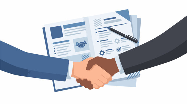 Business handshake over documents with pen and checkmarks