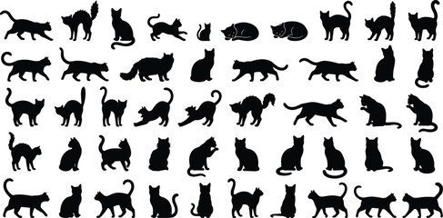 Black cat silhouette vector collection featuring sitting, walking, running, stretching, jumping, sleeping, playful poses, and elegant feline pet illustrations © Bokul