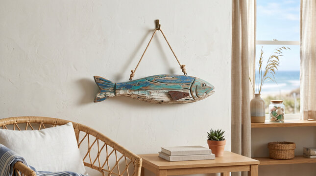 Wooden fish decor hanging on wall in coastal living room setup  