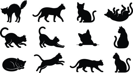 Black cat silhouette vector collection featuring sitting, walking, stretching, jumping, sleeping, rolling, playful poses, and elegant feline pet illustrations © Bokul