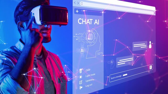A vibrant illustration of a man using a virtual reality headset to engage with an AI chat interface, showcasing the fusion of technology and human interaction in a digital landscape. Raster