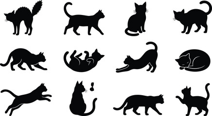 Black cat silhouette vector collection featuring walking, stretching, jumping, sleeping, rolling, sitting, playful poses, and elegant feline pet illustrations © Bokul