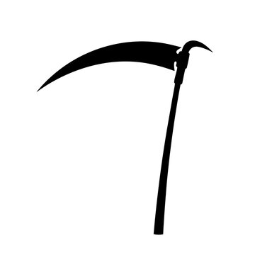 Grim reaper scythe silhouette, sharp curved blade tool vector, black farm sickle icon, spooky halloween weapon graphic
