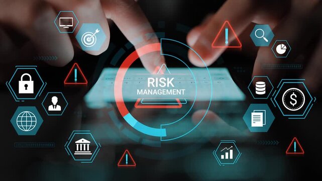 Hands on Digital Tablet Displaying Risk Management Concepts with Icons, Symbols, and Analysis for Business Strategy and Financial Planning. Entropy.