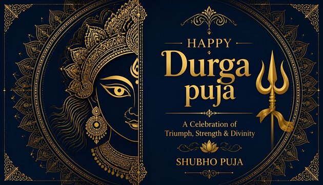 Luxury happy durga puja greeting with goddess silhouette and golden trishula