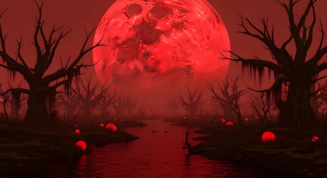 Eerie dark swamp landscape with a giant glowing red moon and mysterious floating orbs