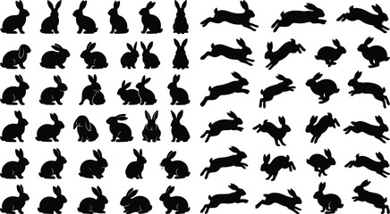 Fototapeta premium Black rabbit silhouette vector collection featuring sitting, running, jumping, crouching, resting, and playful bunny poses for Easter and animal designs