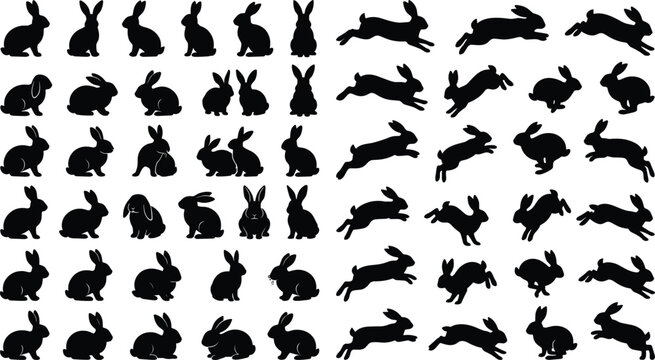 Black rabbit silhouette vector collection featuring sitting, running, jumping, crouching, resting, and playful bunny poses for Easter and animal designs