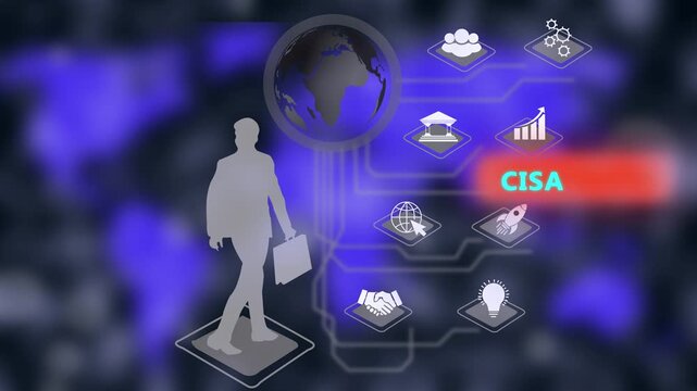 Cisa certification concept with animated businessman silhouette, digital brain network, global connectivity and cyber security strategy for corporate it training presentations