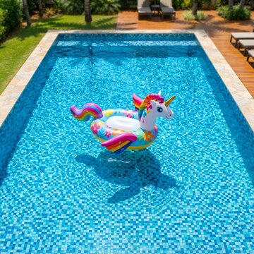 Unicorn inflatable floating in a clear blue swimming pool on a sunny day.