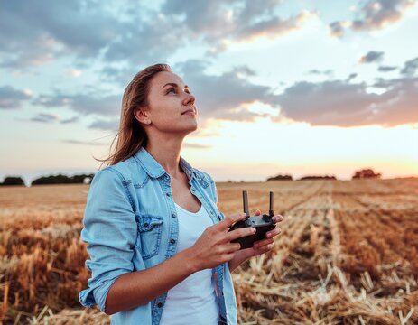 Young woman operating a remote control drone in a golden wheat field at sunset.