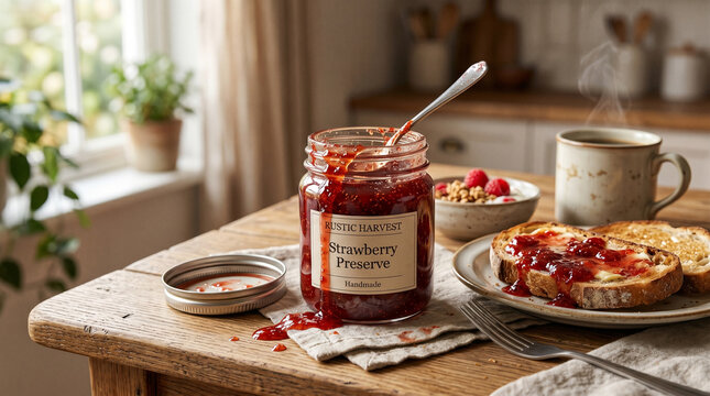 Strawberry jam jar with toast and coffee on rustic wooden table  