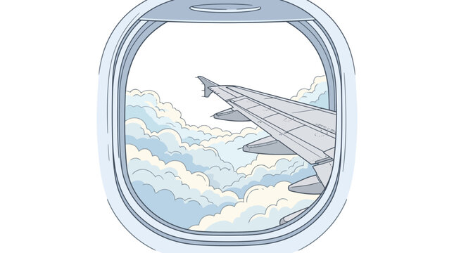 Airplane wing above clouds seen through window