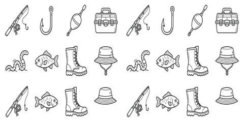 Fishing Gear Doodle Icons Set for Outdoor Angling Activities. © salfuddin