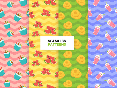 Summer Tropical Seamless Pattern Collection with Watermelon Pineapple Smoothies Ice Bucket and Beach Drinks Vector Set
