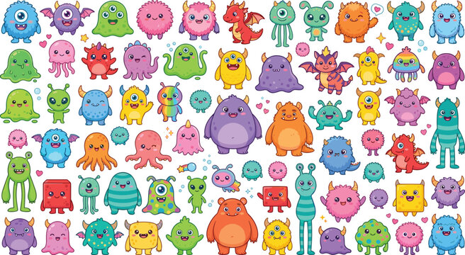 Colorful cute monster cartoon vector collection featuring funny aliens, furry creatures, cyclops, tentacles, horns, playful poses, and adorable fantasy characters