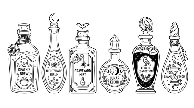 Set of vintage magic potion bottles with mystical labels and decorative hand drawn elements