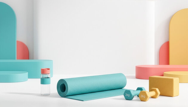 Modern fitness setup with a turquoise yoga mat, 2 kg dumbbells, yoga block and water bottle in a bright pastel studio with geometric arches and ample copy space.