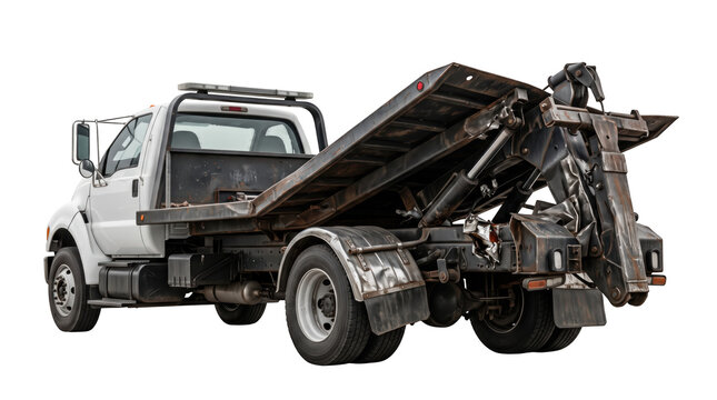 Accidental damage White flatbed tow truck with hydraulic loading ramp system for vehicle recovery and roadside assistance services isolated on transparent background