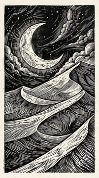 Moon and stars over rolling hills in monochrome woodblock print