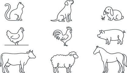 Obraz premium Farm Animal Outline Icon Collection Featuring Cat Dog Rabbit Chicken Rooster Pig Cow Sheep and Horse Minimal Vector Illustration Set