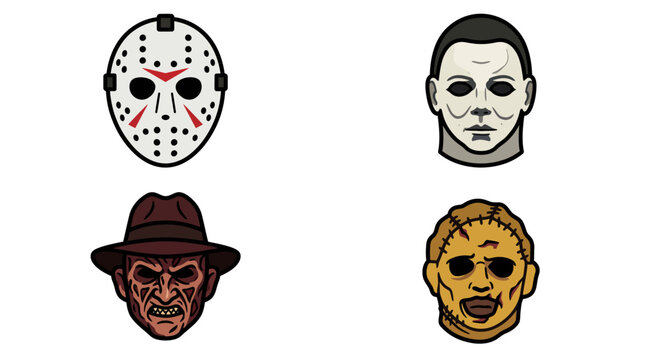 Collection of iconic horror movie villain masks and faces for halloween party design elements