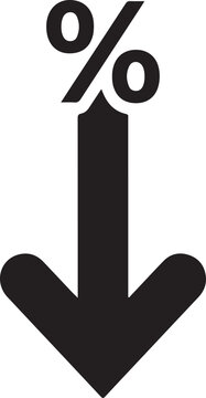 Percentage sign with downward pointing arrow depicting declining interest rates financial reduction inflation decrease negative growth fiscal market trend isolated.