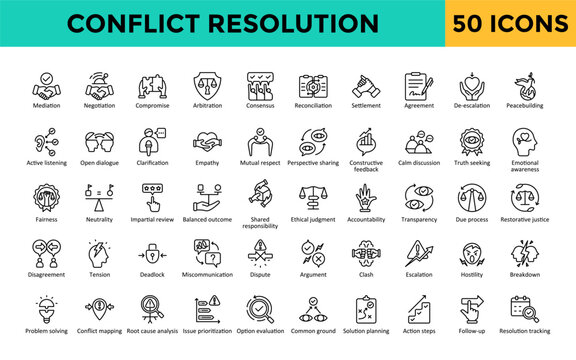 Conflict Resolution icons set with mediation, negotiation, compromise, arbitration, consensus, reconciliation, settlement, agreement, de-escalation, peacebuilding icon. Simple line vector 