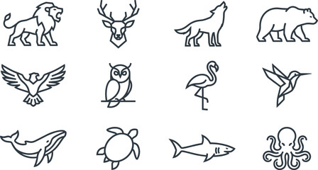 Obraz premium Wildlife Animal Outline Icon Set Featuring Lion Deer Wolf Bear Eagle Owl Flamingo Hummingbird Whale Turtle Shark and Octopus Vector Collection