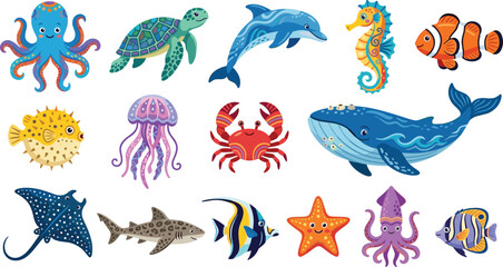 Colorful ocean animals cartoon vector collection featuring octopus, turtle, dolphin, seahorse, clownfish, jellyfish, crab, whale, stingray, shark, and tropical marine life © Bokul