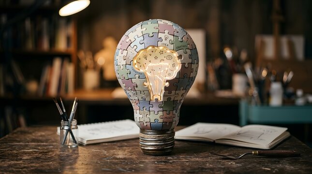 Creative Light Bulb Puzzle Brain Model on Wooden Desk in Modern Workspace