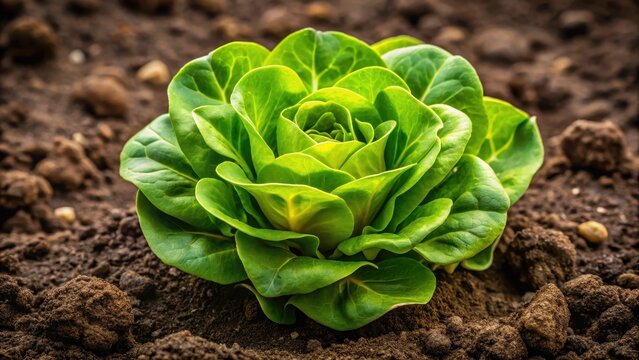 A tender sprout bursts forth from earthy soil revealing two velvety fresh green lettuce rosettes with natural texture