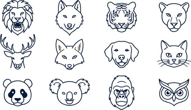 Wild Animal Head Outline Icon Set Featuring Lion Tiger Wolf Deer Fox Panda Gorilla Owl Cat Dog and Big Cats Vector Collection