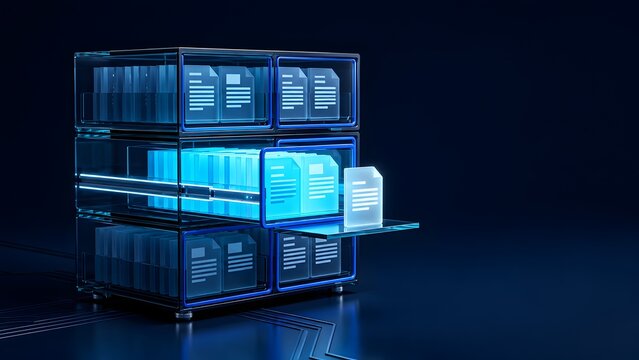 Digital document management system cloud storage archive virtual data server rack organizing glowing electronic file folders