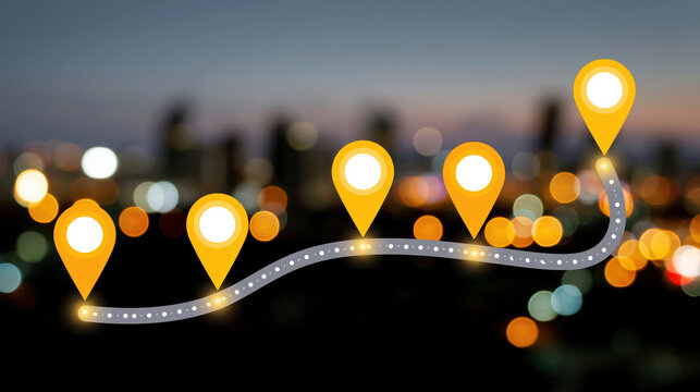Location navigation route journey path map direction city night blur glowing location navigation route journey path map direction city night blur concept illustrate modern travel planning with